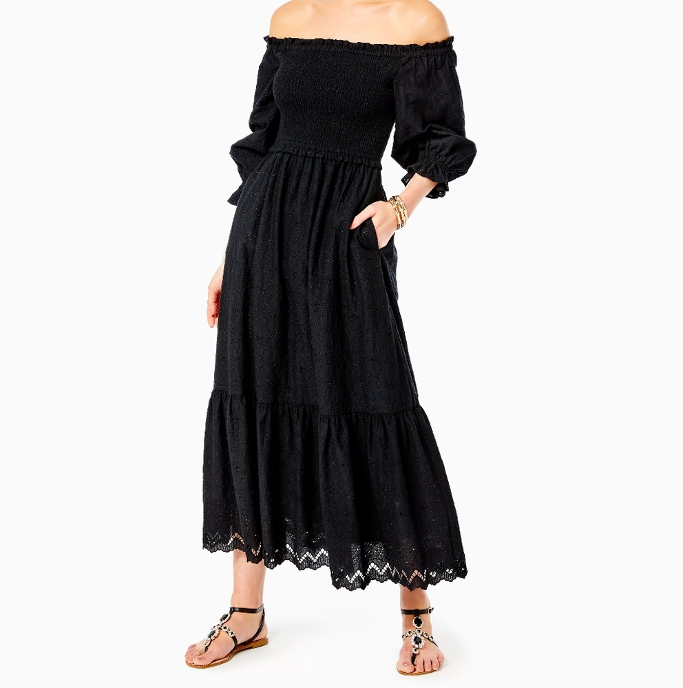 Lilly Pulitzer Arlynn off the shoulder eyelet maxi dress onyx